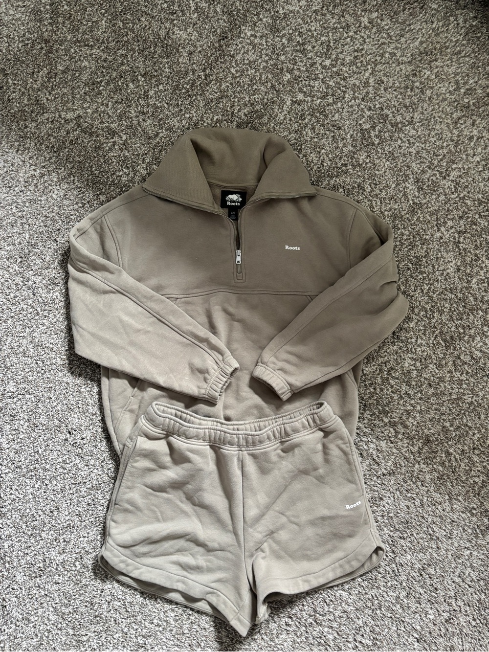 Roots women’s Quarter-Zip Sweater and shorts